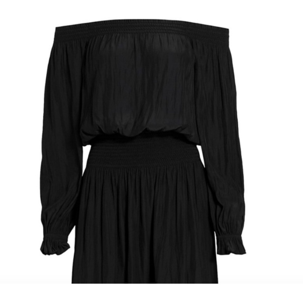 Ramy Brook Off the Shoulder Black Short Dress Pleated Long Sleeve Size Small